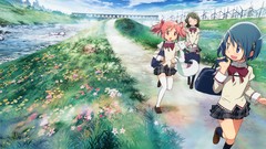 Landscapes Flowers grass clouds windmills roads Bridges anime 