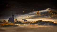 Landscapes fog nature autumn hills Green morning houses golden 