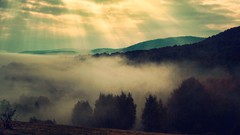 Landscapes fog nature Trees Mountains clouds mist sunlight 