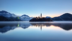 Landscapes fog nature Trees water Mountains hills Slovenia 