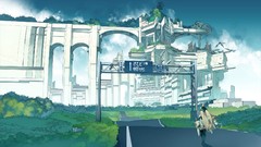 Landscapes grass anime girls streets scenic futurist Akitsu 