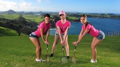 Landscapes grass woman blondes smiling brunettes Kristina 