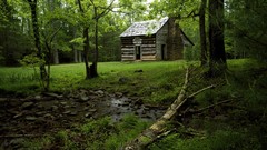 Landscapes leaves nature Trees water hut Wood rocks hunter 