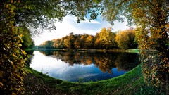 Landscapes leaves Trees autumn lakes frames ponds