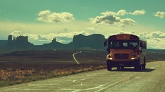 Landscapes Mountains clouds roads vintage school bus