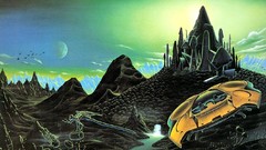 Landscapes Mountains moon paintings spaceships science fiction 