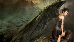 Landscapes Mountains woman feathers dress earrings tattoos 