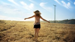 Landscapes nature clouds woman meadows Shorts fields long hair 