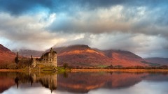 Landscapes nature dawn lakes reflections Kilchurn castle