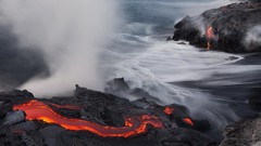 Landscapes nature fire ocean lava rocks Beaches steam fried 