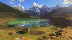 Landscapes nature grass snow water blue Mountains Green Horses 