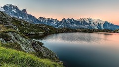 Landscapes nature grass water blue Mountains white Green calm 