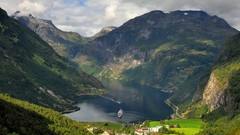 Landscapes nature grass water Mountains clouds ships Norway 