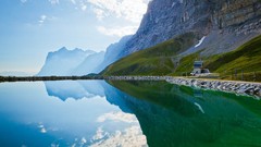 Landscapes nature grass water Mountains clouds white Green 