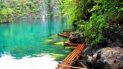 Landscapes nature lakes wooden bridge
