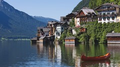 Landscapes nature Mountains Austria canoe hallstatt