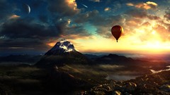 Landscapes nature Mountains clouds Balloons colors blue skies 