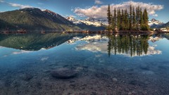 Landscapes nature Mountains clouds Canada reflections fir Lake 