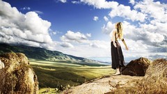 Landscapes nature Mountains clouds horizon top view lone woman 