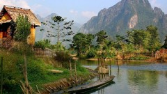 Landscapes nature Mountains coast vegetation canoe