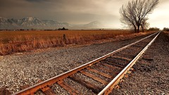 Landscapes nature Mountains fields railroad tracks snowy peaks