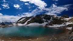 Landscapes nature snow water blue Mountains clouds white Green 
