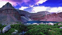 Landscapes nature snow water blue Mountains clouds white Green 