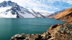 Landscapes nature snow water Mountains clouds white brown 