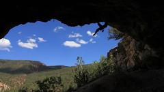 Landscapes nature Trees clouds hills cave climber skies