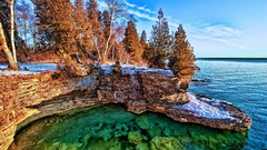 Landscapes nature Trees clouds lake michigan