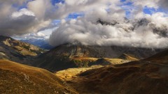 Landscapes nature Trees grass blue Mountains clouds white 