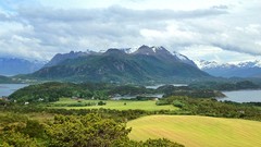 Landscapes nature Trees grass snow water blue Mountains clouds 