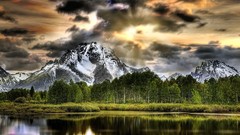 Landscapes nature Trees grass snow water clouds Wyoming lakes 
