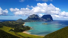 Landscapes nature Trees grass water blue clouds ocean hills 