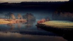 Landscapes nature Trees grass water hills morning early morning 