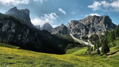 Landscapes nature Trees grass yellow gray Mountains clouds 