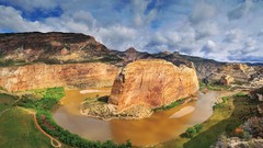 Landscapes nature Trees grass yellow rock water blue Mountains 