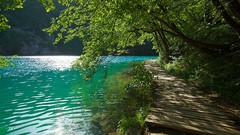 Landscapes nature Trees hills Green lakes footpath turquoise 