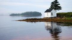 Landscapes nature Trees Islands lakes reflections shack