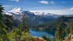 Landscapes nature Trees Mountains between forests snowy peaks