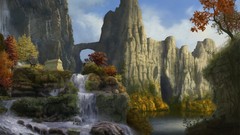 Landscapes nature Trees Mountains clouds autumn waterfalls 