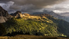 Landscapes nature Trees Mountains clouds Green Alps sun rays 