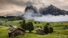 Landscapes nature Trees Mountains clouds lawn Green Alps huts 