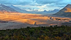 Landscapes nature Trees Mountains clouds snowy peaks valleys 