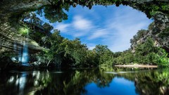 Landscapes nature Trees rock water clouds white Green 