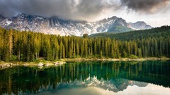 Landscapes nature Trees snow gray water Mountains clouds white 