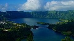 Landscapes nature Trees water blue clouds Green Islands 