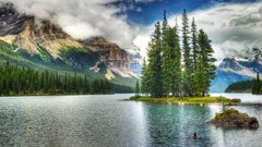 Landscapes nature Trees water blue Mountains clouds white Green 