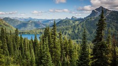 Landscapes nature Trees water blue Mountains clouds white Green 