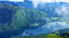 Landscapes nature Trees water blue Mountains clouds white Green 